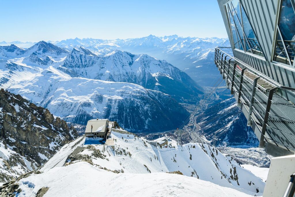 View of Aosta Valley, Italy, from Helbronner peak located at the end of the famous cable car called skyway